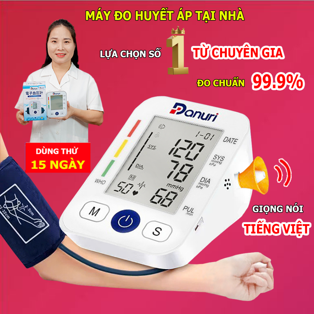 Máy đo huyết áp Danuri chính hãng, đo huyết áp điện tử bắp tay, đo nhịp tim có giọng nói Tiếng Việt