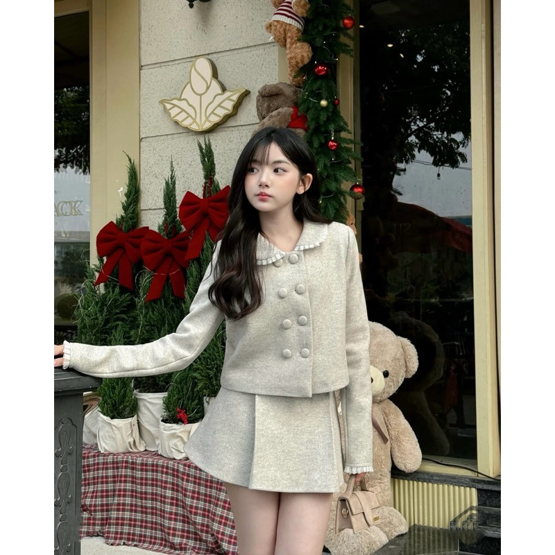 Set váy dạ be cổ tròn bèo cao cấp Simbabo