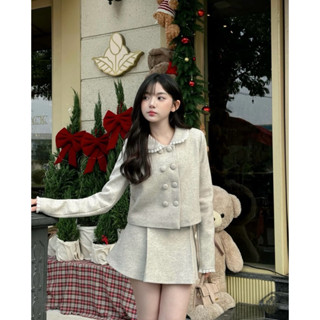  Set váy dạ be cổ tròn bèo cao cấp Simbabo 