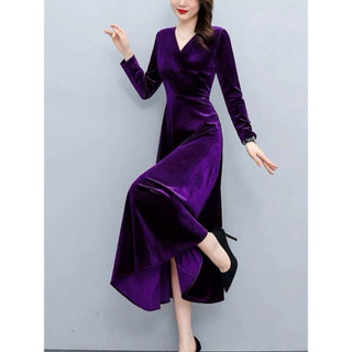Đầm Nhung Cao Cấp Xếp ly màu Tím và Đỏ - Đầm cho mẹ, tặng quà cho trung niên, đầm du xuân