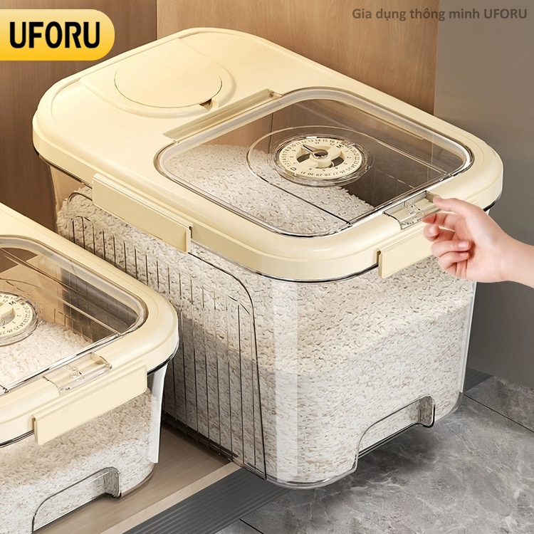 Thùng đựng gạo nhà bếp nắp bật thông minh màu kem chịu lực chịu nhiệt tốt 3 loại 5kg 10kg 15kg - UF458