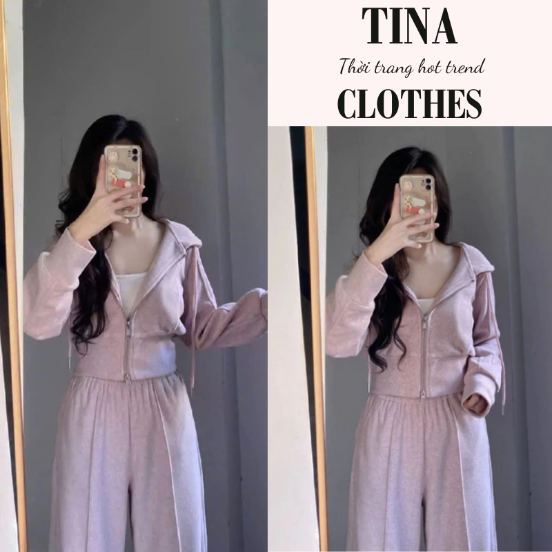 Bộ nỉ nữ mùa đông khoác nỉ dài tay croptop và quần suông lưng cao Tina, bộ thể thao nữ mùa đông cao 