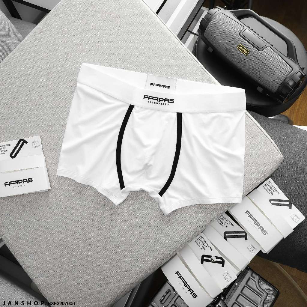 Quần Lót, Quần Boxer Nam FAPAS ESSENTAILS 2 Sọc Màu Trắng, chất vải thun cotton, co dãn, thoáng mát