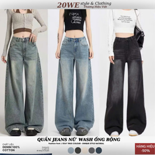 Quần Jean Nữ ống rộng cạp cao Màu Xanh Đậm Wash Trắng MIAA Phong Cách Hàn Quốc dáng dài chất bò RIN mềm denim BIGSIZE