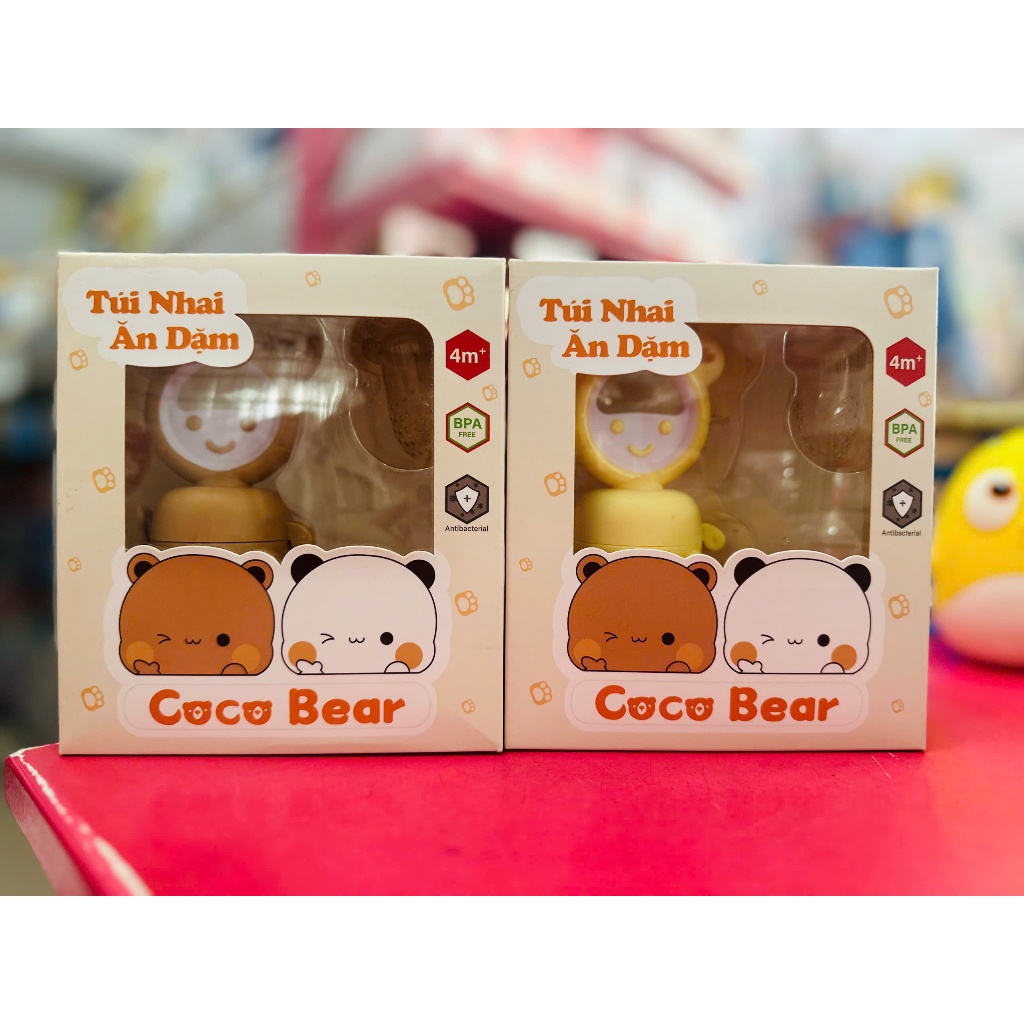BỘ TÚI NHAI ĂN DẶM COCOBEAR CAO CẤP CÁN HÌNH GẤU, TY NHAI MÀU NÂU