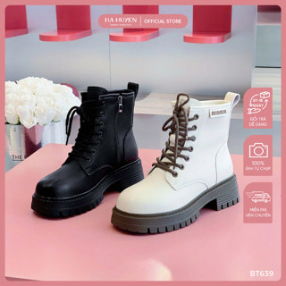 Giày boot nữ, bốt cổ thấp HÀ HUYỀN da lì buộc dây đế cao 5cm - BT639