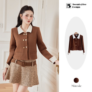 Áo khoác dạ nâu thiết kế sang chảnh dáng ngắn phối cổ, cúc đồng Twenty.Five KH20