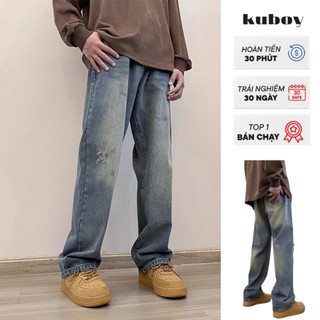KUBOY Quần jean ống rộng quần bò nam ống suông quần jean rách gối quần jean nam quần nam boy phố Mẫu ngắn unisex