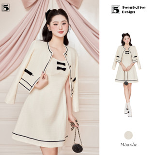 Set áo khoác nữ chất dạ sang chảnh phối túi đính nơ KL16 và đầm nơ đen DL53 Twenty.Five (Tách set)