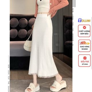 Chân Váy Len Chữ A Dài Vừa Phải Cạp Cao Thu Đông Phối Tua Rua Viền Gấu Trẻ Trung YOLUMI 
