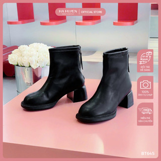  Giày boot nữ boot ngắn HÀ HUYỀN da lì mũi tròn trơn cổ ôm gót vuông 5cm - BT645 