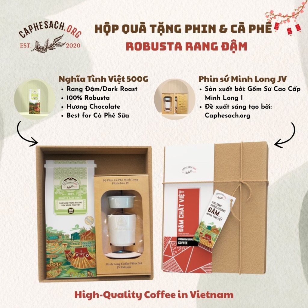 Hộp Quà Tặng Phin Sứ Minh Long và Cà Phê - Robusta Rang Mộc, Rang Đậm, Hương Chocolate - Sang Trọng