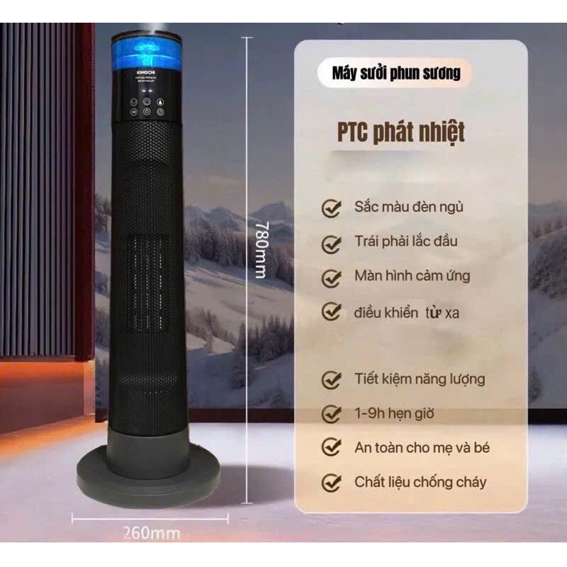 Máy sưởi gốm kèm phun sương kimochi -2000w, hẹn giờ, điều khiển từ xa, 7 chế độ đèn, ,chính hãng