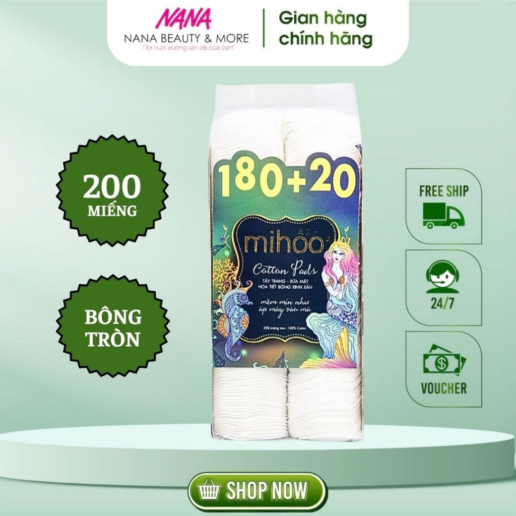Bông tẩy trang MIHOO túi Mermaid Cotton Pads 200 miếng chính hãng - Nana Shop