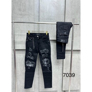 Quần JEAN AMIRI Đen Vá Gối Ghi Siêu Nét Ống Côn Bó Sát Quần Bò Nam Đen Gối Vá Họa Tiết Bản Cao Cấp Co Giãn 4 Chiều