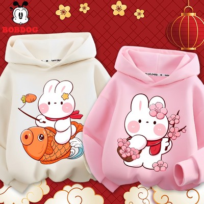 Áo hoodie cho bé gái BOBDOG, áo nỉ có mũ chất da cá in hình THỎ NGỌC TẾT cute ngộ nghĩnh cho bé