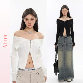  Áo trễ vai nữ mùa thu chất liệu thun tăm có khóa dáng ôm body Áo croptop tay dài vai lật siêu sexy phong cách Hàn Quốc 
