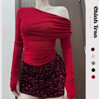 (TẶNG NƠ GHIM)(ÁO KHÔNG XỎ NGÓN) Áo Thun Nữ Thiết Kế Lệch Vai Dài Tay Chất Thun Nhũ Mỏng Mềm - Chinh Trần Store