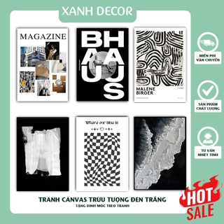 Tranh vải canvas treo tường trừu tượng tông đen trắng, bộ tranh decor trang trí nhà cửa  vintage gồm khung