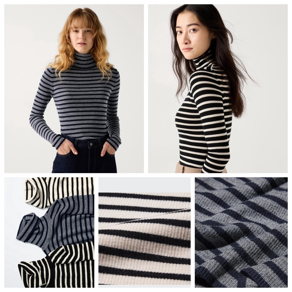 (U.N.I Nhật chính hãng) NỮ- Áo len Merino cao cổ dài tay kẻ ngang EXTRA FINE MERINO WOOL