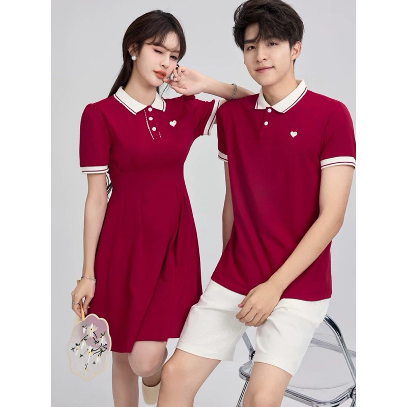 🎄 Đồ thun đôi đỏ sticker “tim trắng” dáng xinh xắn mặc tết noel - Đồ đôi Forever Couple Store