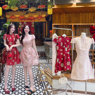 ĐẦM DẠ HỒNG CỔ TRÒN TÚI NẮP ĐÍNH NÚT