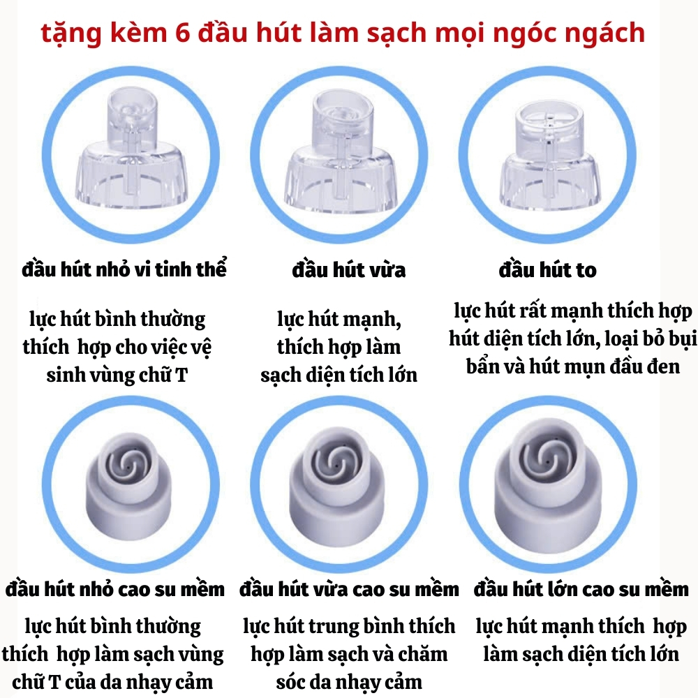 Máy hút mụn cao cấp kèm 6 đầu hút, máy hút mụn cầm tay hút sạch mụn đầu đen, mụn cám, bã nhờn sử dụng pin sạc tiện lợi | BigBuy360 - bigbuy360.vn