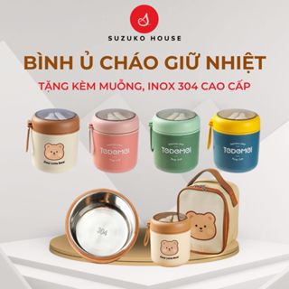 Bình ủ cháo giữ nhiệt SUZUKO HOUSE, hộp cốc đựng cháo inox 304 530ml kèm muỗng cho bé đi học, văn phòng BU01