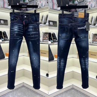 Quần jean bò nam DSQ slimfit xanh bạc đậm trơn dập nhăn 3D vảy sơn thêu logo D2 đùi phối chữ túi QJ661P