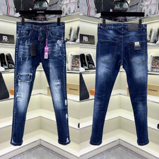 Quần jean bò nam DSQ slimfit xanh bạc cào rách xước vá vải đùi dập nhăn 3D sơn viền mác hồng basic QJ662P