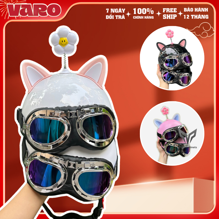 Nón Bảo Hiểm Nửa Đầu Kính Phi Công Kèm Phụ Kiện Tai Mèo 2 Màu Và Bông Hoa Gắn Mũ Bảo Hiểm Varohelmet