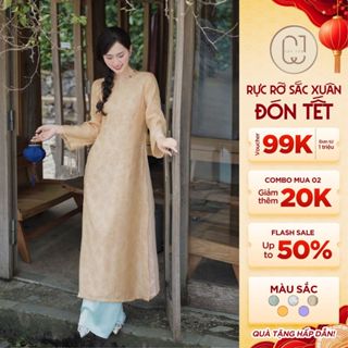 Áo Dài Vỹ Bình Tơ Crep Cổ Tròn Dáng Suông Dài Tay Kèm Quần CayLeo Design Cách Tân Duyên Dáng - AD839