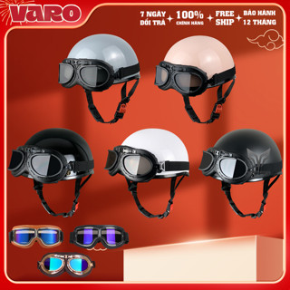 Combo Mũ Bảo Hiểm Nửa Đầu VARO Trơn Kèm Kính Phi Công vintage - Nón Bảo Hiểm Phượt 1/2 Đầu Có Kính