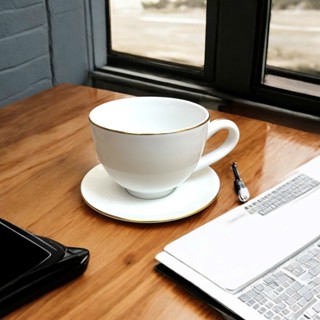 Tách Capuccino 220ml Viền Vàng Sứ Trắng Cao Cấp OHIO + Đĩa kê