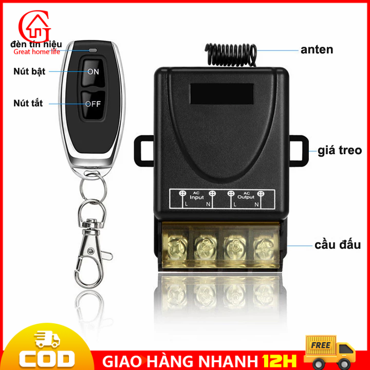 Bộ công tắc điều khiển từ xa RF 100m/ 220v/3000W đen - Dùng khiển máy rửa xe…