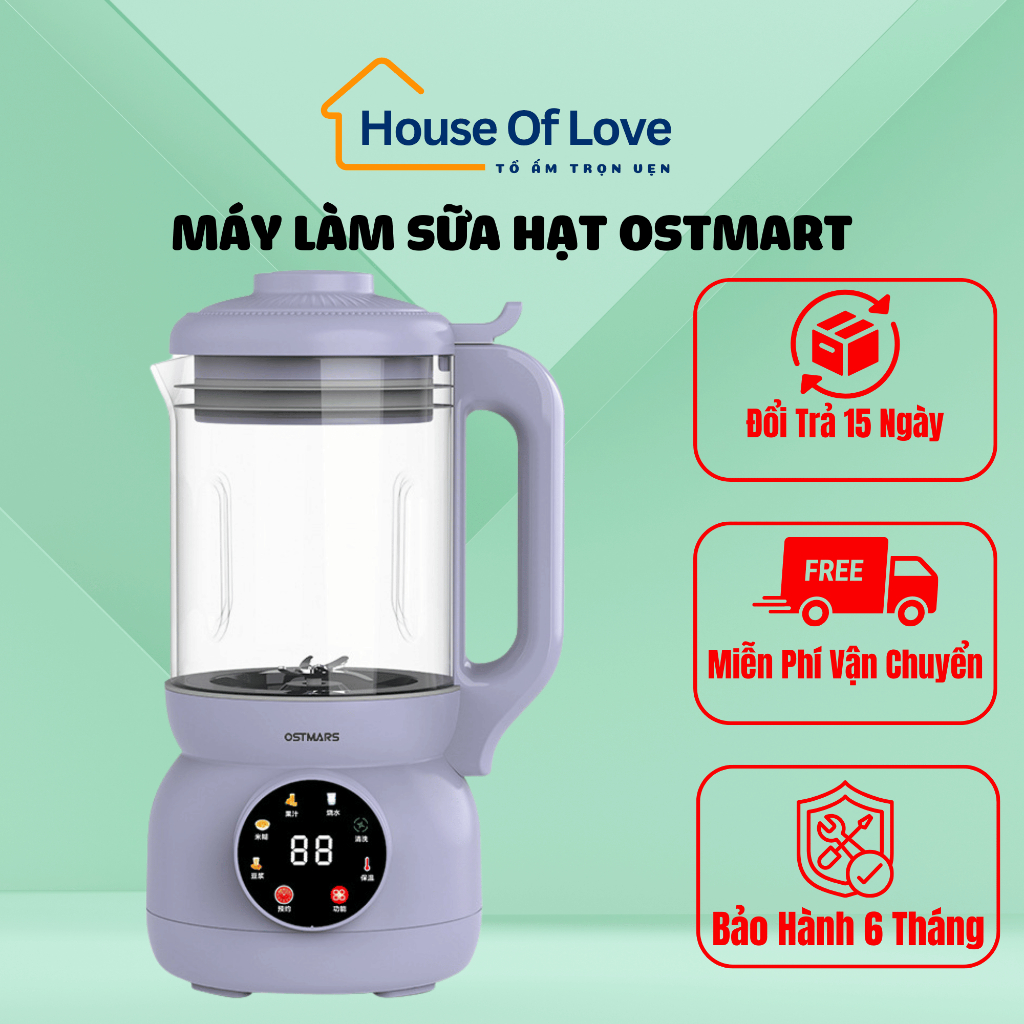 Máy Làm Sữa Hạt Đa Năng Ostmars,Làm Sữa Tại Nhà Chức Năng Tiếng Việt, Cối Thủy Tinh,Dung Tích 1100ml