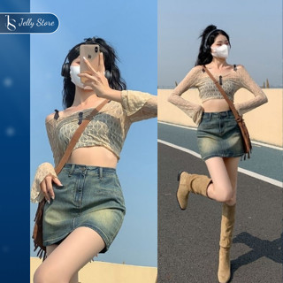 Chân Váy Jean Ngắn Chữ A Lưng Cao y2k Cá Tính Có Quần Bảo Hộ Cho Nữ The Jelly A001
