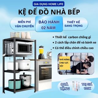 Kệ để đồ phủ lớp sơn đen kệ nhà bếp đa năng có bánh xe, đựng đồ nồi cơm điện, lò nướng