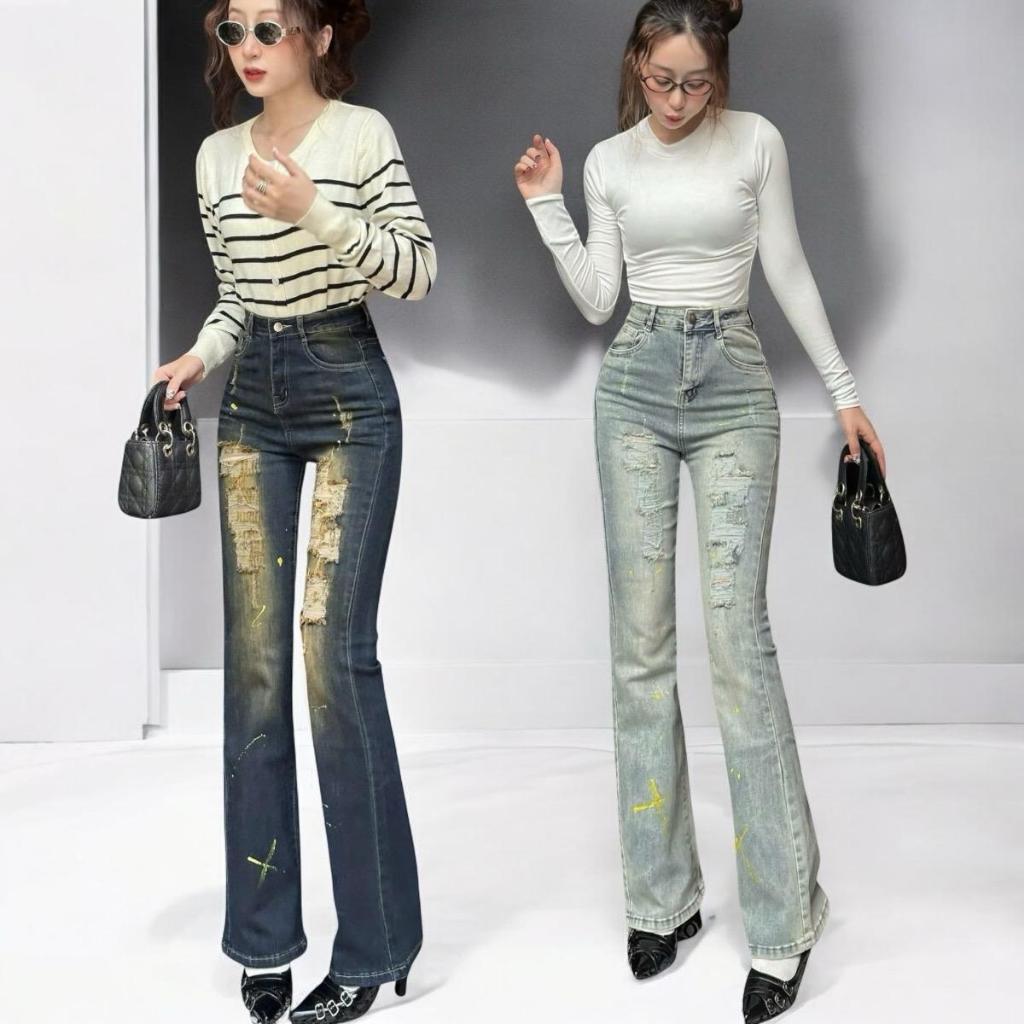 Quần jean nữ ống loe LN STYLE jean thun qc cao cấp quách sơn phối rách hack dang kiểu (218)