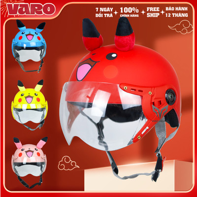Mũ bảo hiểm nửa đầu VARO - Trẻ em - PIKACHU TAI HỒNG - CAO CẤP bé từ 5-10 tuổi