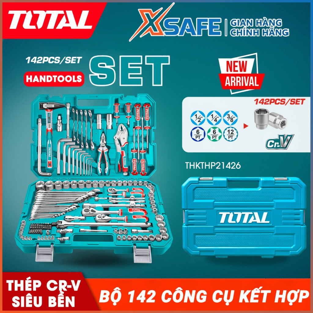 Bộ đồ nghề cầm tay 142 chi tiết TOTAL THKTHP21426 gồm 142 dụng cụ cầm tay thước cuộn, tua vít, khung