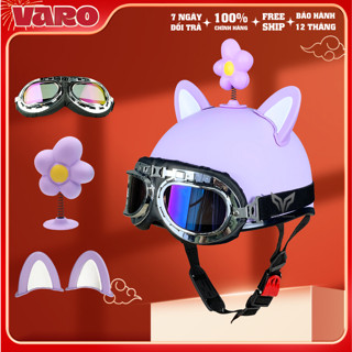  Nón Bảo Hiểm 1 2 VARO Tím Kèm Kính Phi Công Gắn Tai Mèo Và Bông Trứng Dễ Thương Chính Hãng 