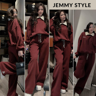  Bộ nỉ nữ set thu đông nữ màu đỏ phối cổ len thêu chữ MM trắng phối quần suông tôn dáng Jemmy Style HCOM3664 