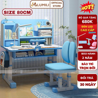 Bàn học chống gù Lumili E08 mới 2025, bàn ngồi học trẻ em chống gù, thiết kế kệ sách lớn, kèm ghế