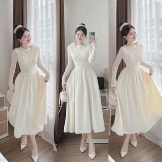 Đầm thời trang thiết kế siêu hot chất ren dài tay cổ tròn đính bông phối tùng váy tuyết mưa 2 màu kem và đỏ đô cực sang