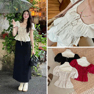 Áo babydoll linen kiểu xinh tay phồng tiểu thư công chúa bo thân nơ coquette ngực xinh xắn Kimee Shees Clothing SG