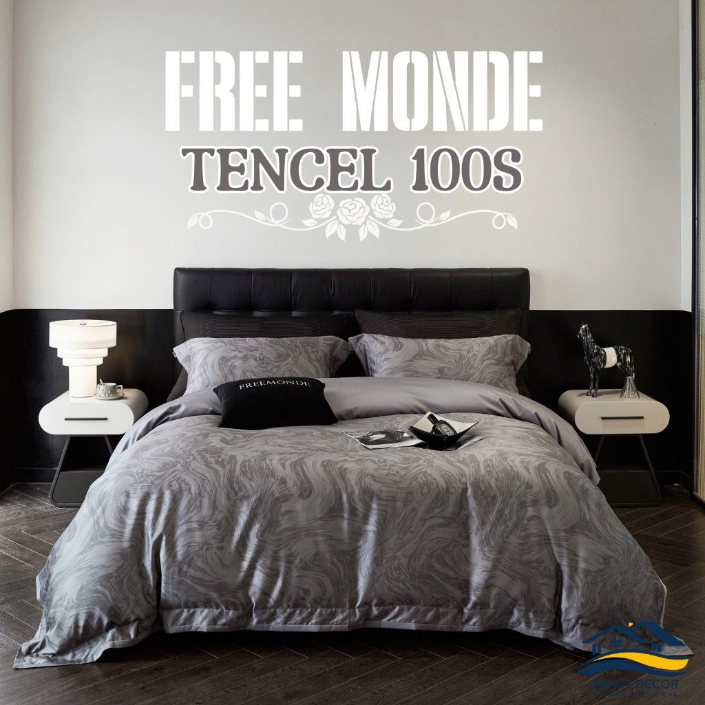 Bộ chăn ga gối lụa tencel 100s Free Mondeo màu xám cao cấp hàng nhập khẩu Genji Decor