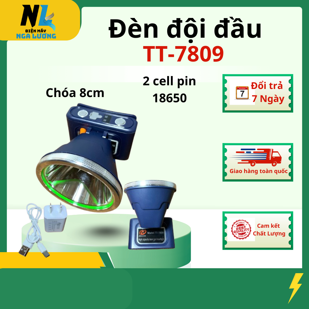 Đèn Đội Đầu Siêu Sáng Tt-7809 chóa 8cm, vỏ nhựa ABS, 2 Quả Pin 18650 ,Sáng Mạnh ,pin trâu ,Chống Nướ