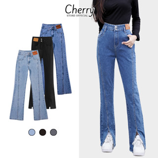 Quần jean nữ ống loe cạp cao xẻ gấu trước co giãn CHERRY quần bò nữ ống loe xẻ giữa lưng cao T068