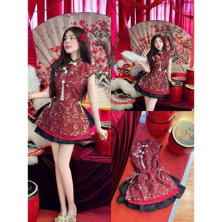 Set váy phong cách Trung Đông áo gấm cổ trụ tay ngắn nút tàu chéo vai chân váy tơ ngắn ( kèm phụ kiện )